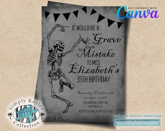 Skeleton Birthday Invitation – Gothic Halloween Party Invite (Digital Download)