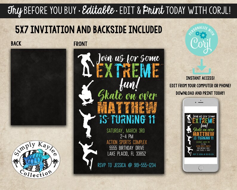 Skateboarding Birthday Invitation Sports Birthday Invitation Extreme Sports Birthday Invitation