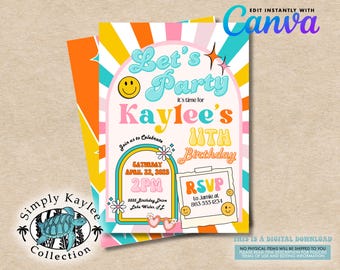 Groovy Retro Birthday Invitation: Editable 70s Party (Digital Download)