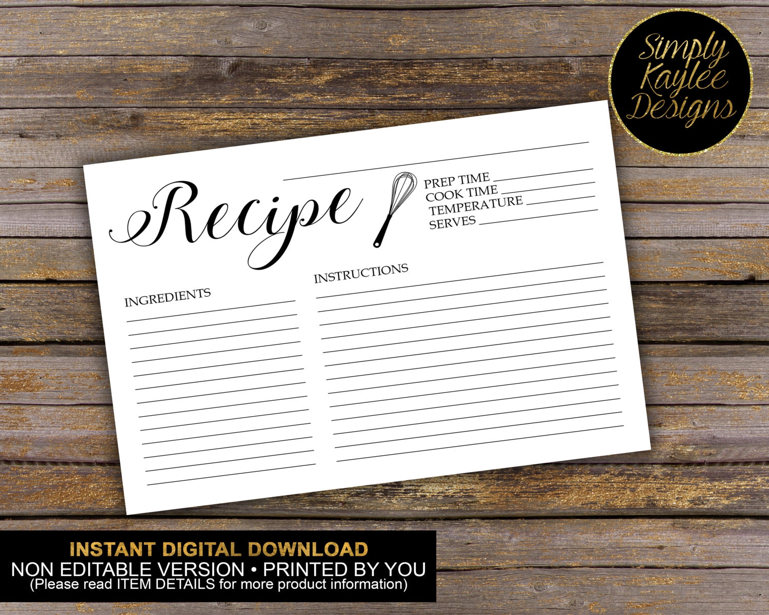 INSTANT DOWNLOAD Black and White Recipe Card | Etsy