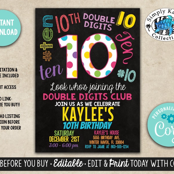 Double Digits Birthday Invitation - Social Media Birthday Invite - Confetti Invitation - Glow Birthday Invite