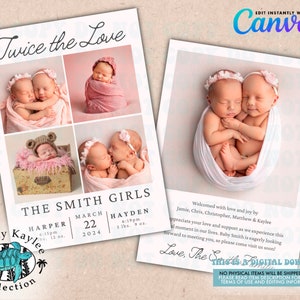 Plantilla de foto de anuncio de nacimiento de Twice The Love Twins, tarjeta de anuncio de nacimiento de gemelos minimalista moderna
