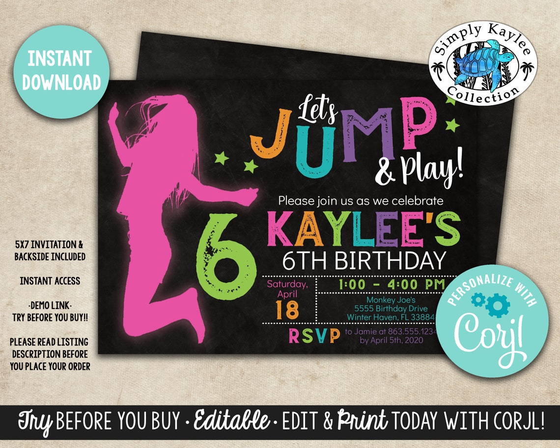 Jump and Play Birthday Party Invitation Trampoline Park Etsy