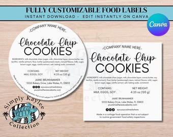 Customizable Chocolate Chip Cookie Labels, Instant Download Bakery Food Labels