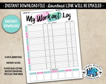 Printable Workout Log - Exercise Log - Activity Tracker - Workout Tracker