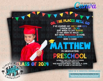 Invitación editable para graduación escolar: Preescolar, Jardín de infancia (Descarga digital)