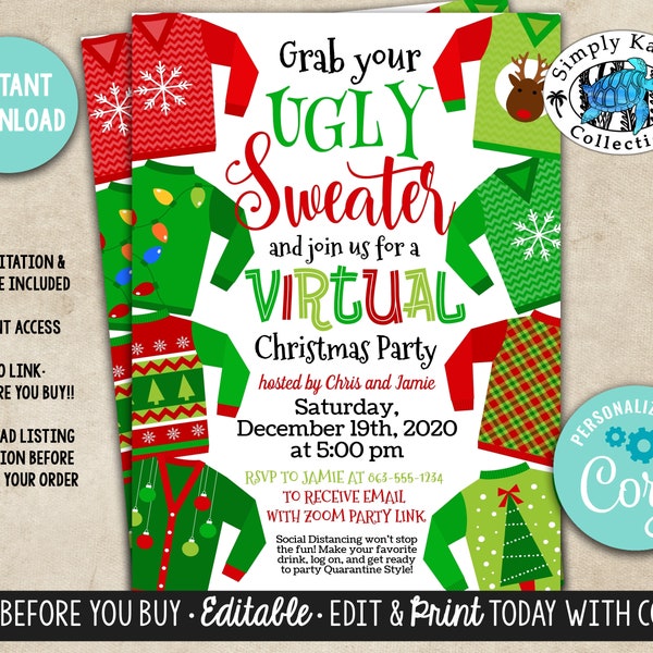 Virtual Christmas Sweater Party - Christmas Party Invitation - Holiday Party Invite - Christmas Invite