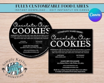 Customizable Chocolate Chip Cookie Labels, Instant Download Bakery Food Labels