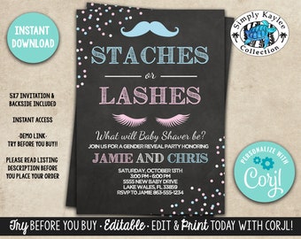 Staches and Lashes Gender Reveal Invitation - Mustaches or Lashes Gender Reveal Invitation