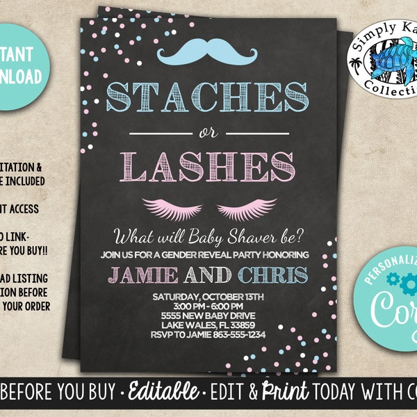 Staches and Lashes Gender Reveal Invitation - Mustaches or Lashes Gender Reveal Invitation