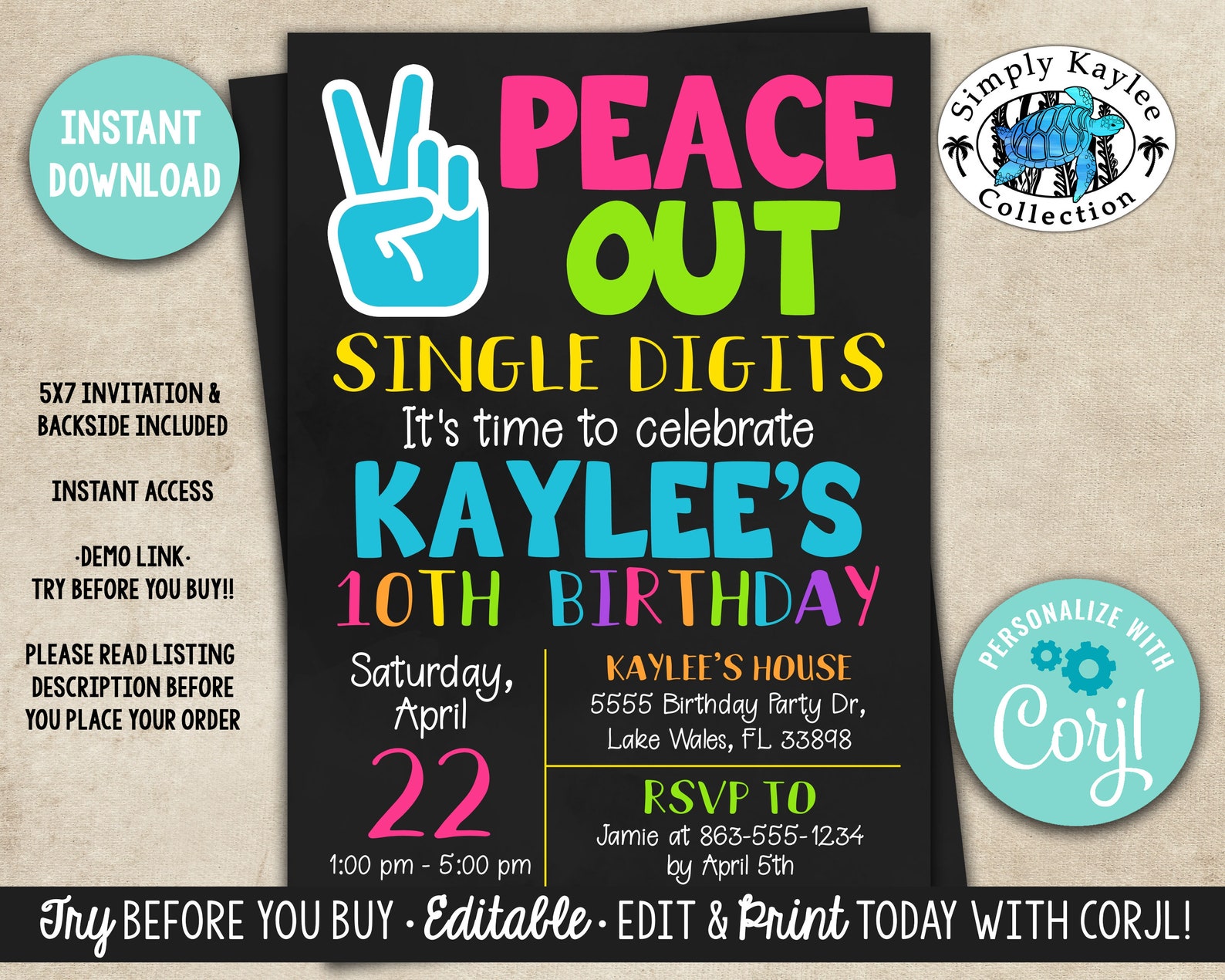 Peace Out Single Digits Birthday Invitation Double Digits Etsy