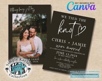 May include: A wedding announcement with a black background and white text. The text reads "We tied the knot" with a heart symbol. The couple's names, Chris and Jamie, are listed below. The announcement states that they were married on June 13th, 2024, in Key West, Florida. A reception is scheduled for August 10th at Ever After Farms in Polk City, Florida.