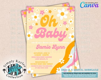 70s Hippie Baby Shower Invitation: Groovy Floral Design (Digital Download)