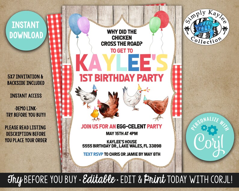 Chicken Birthday Party Invitation Chicken Joke Birthday Invitation Farm Birthday Invitation Farm Animals Birthday Party