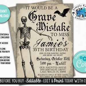 Halloween Birthday Party Invitation - Skeleton Birthday Party Invite - Adult Halloween Birthday Party Invite - Gothic Birthday Invitation