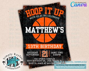 May include: A basketball-themed birthday invitation with a black background and an orange basketball in the center. The text "HOOP IT UP" is at the top of the invitation, and the text "MATTHEW'S 13TH BIRTHDAY" is below the basketball. The invitation also includes the date, time, and location of the party.