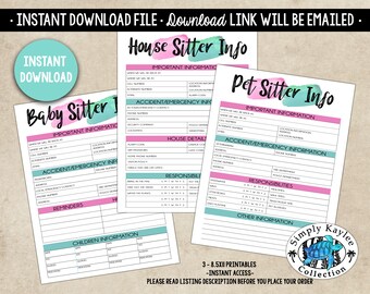 May include: Printable forms for house sitters, pet sitters, and babysitters. The forms are pink and teal with a watercolour effect. The forms include sections for important information, accident/emergency information, responsibilities, and other information. The forms also include a section for children's information. The forms are 3 x 8.5 inches and are printable.