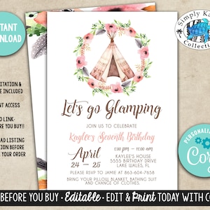 Let's Go Glamping Birthday Invitation - Girls Camping Birthday Invitation - Girls Sleepover Birthday Invite