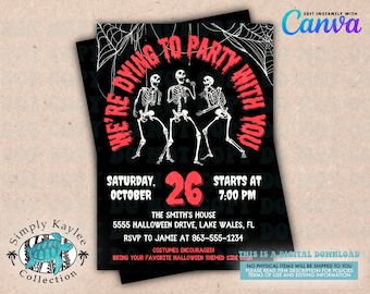 Skeleton Halloween Party Invitation, Editable Canva Template