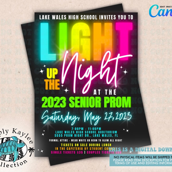 Light Up The Night Prom Invitation, Glow in the Dark Prom Invitation, School Dance Invitation