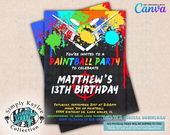 Invitación para fiesta de cumpleaños de paintball, diseño salpicado (descarga digital)
