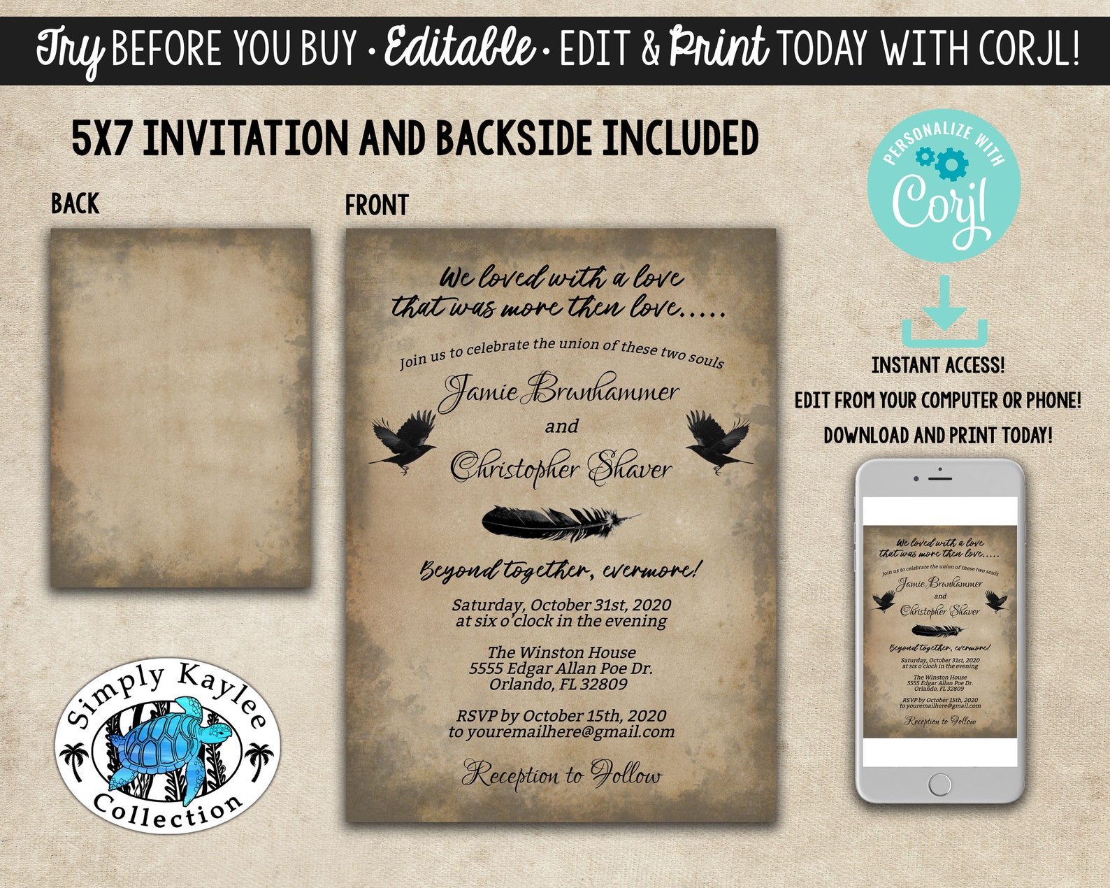 Gothic Wedding Invitations Edgar Allen Poe Inspired Wedding Etsy