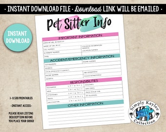 Pet Sitter Information Sheet: Printable Pet Care Instructions (PDF, JPEG)