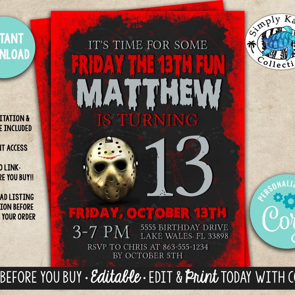 Friday the 13th Birthday Invitation, Friday the 13th Halloween Birthday Invitation, Horror Movie Birthday Party Invitation