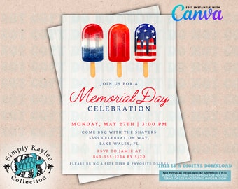 Puede incluir: Una invitación digital para una celebración del Día de los Caídos con una ilustración de acuarela de tres paletas de hielo rojo, blanco y azul. El texto dice "Join us for a Memorial Day Celebration" e incluye la fecha, la hora, la ubicación y la información de RSVP.