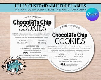 Customizable Chocolate Chip Cookie Labels, Instant Download Bakery Food Labels