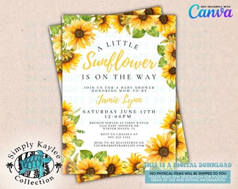 Invito per baby shower a tema girasole: disegno floreale ad acquerello (download digitale)