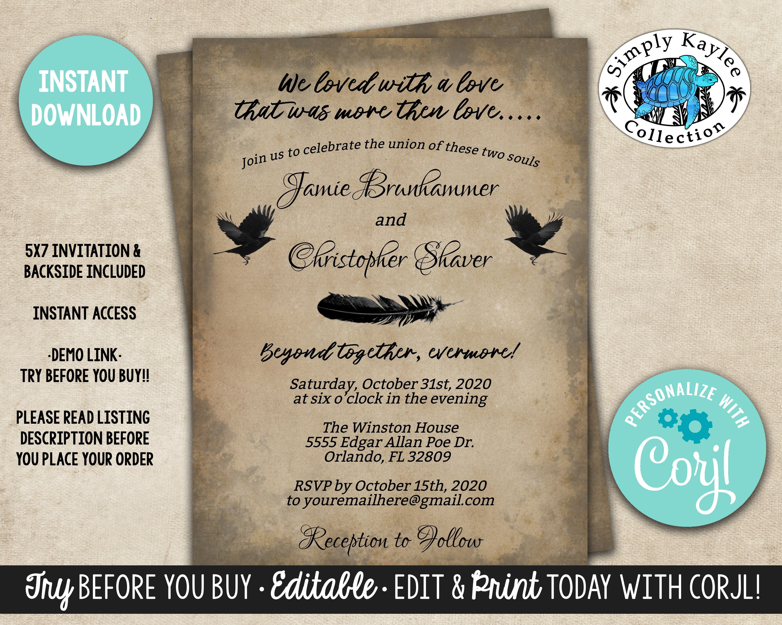 Gothic Wedding Invitations Edgar Allen Poe Inspired Wedding Etsy