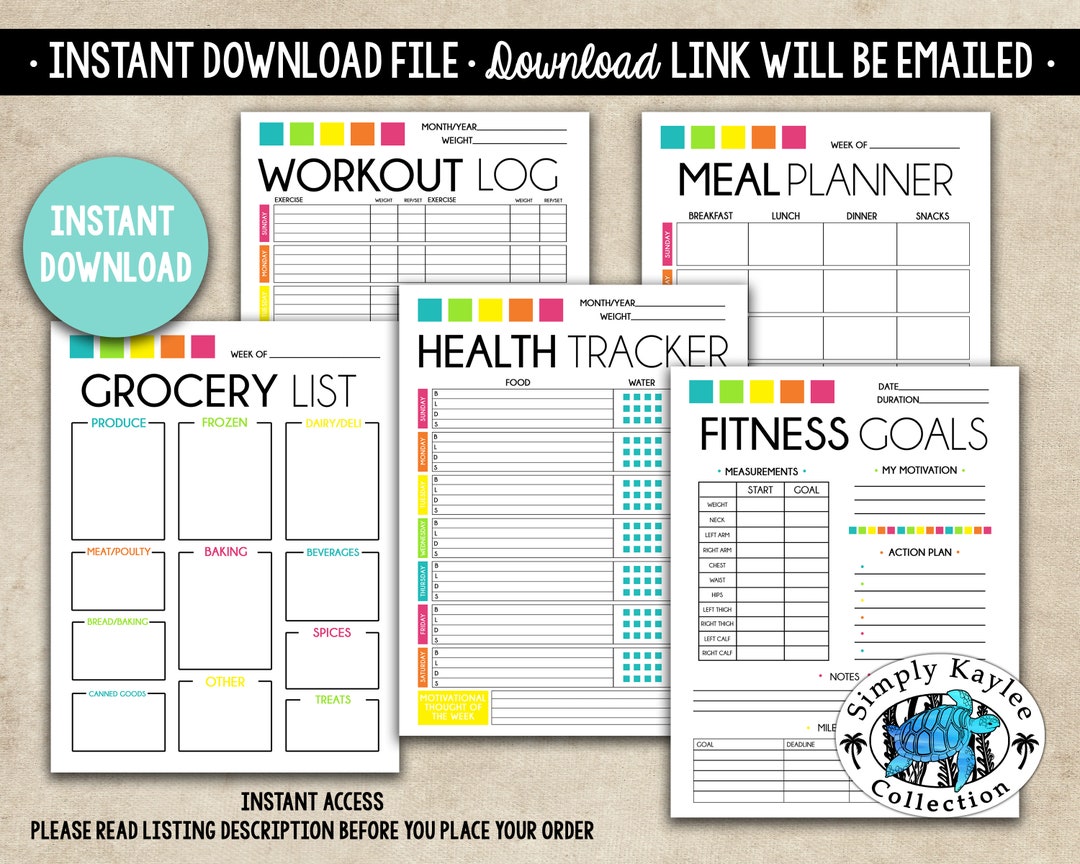Printable Fitness Tracker Set Printable Wellness Planner Set Printable