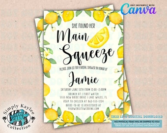 May include: A digital printable bridal shower invitation with a watercolor lemon theme. The invitation says "She found her Main Squeeze" and includes the bride's name, date, time, and location. The invitation is decorated with lemons, leaves, and flowers.