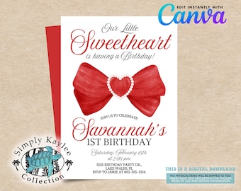 Red Bow Valentine Birthday Invitation: Sweetheart Theme (Digital Download)