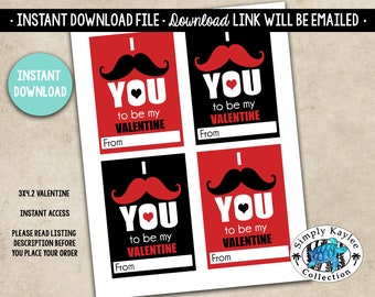 Mustache Valentine's Day Card - Boys Valentine's Day Cards - School Valentines - Classroom Valentines