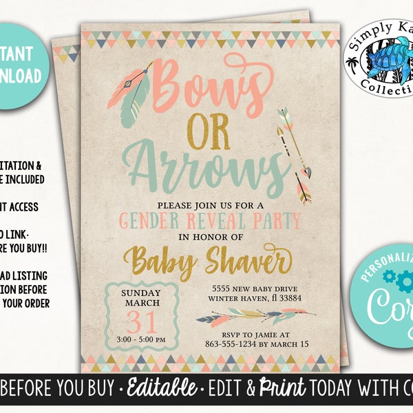 Bows or Arrows Gender Reveal Party Invitation, Tribal Gender Reveal Party Invitation, Boho Gender Reveal Party Invite