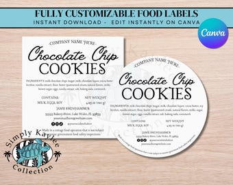 Customizable Chocolate Chip Cookie Labels, Instant Download Bakery Food Labels