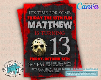 Friday the 13th Birthday Invitation: Horror Movie Theme (Digital Download)