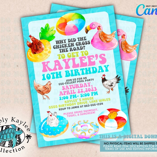 Chicken Pool Party Invitation: Farm Birthday Invite (Digital Download)