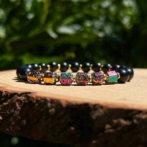 Lava rock non-magnetic synthetic Hematite on natural wood beaded stretch bracelet