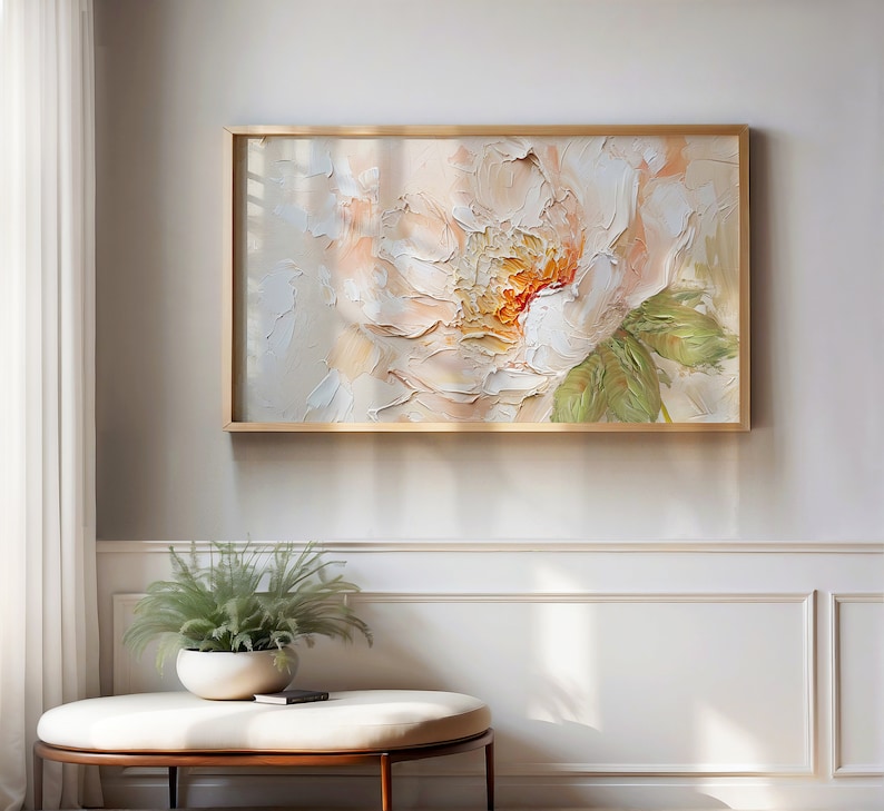 Frame Tv Art Abstract Textured Peony Flower Painting, Floral Pastel