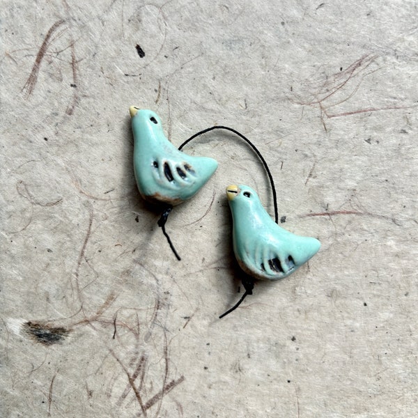 Cute Birds / Artisan Ceramic Birds / Blue/Green Bird Earring Beads / Artisan Ceramic Beads