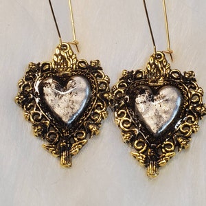 Milagros Earrings, Sacred Heart Earrings, Mexican Milagros Hearts, Flaming Heart Earrings, Corazon, Handpainted Earrings, Black Hearts,
