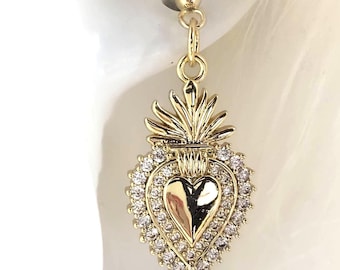 Petite Gold-Plated Sacred Heart Earrings: Mexican Milagros, Ex Votos