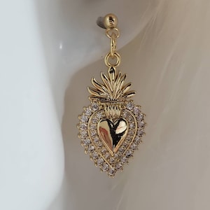 Petite Milagros Earrings, Post Back Sacred Heart Earrings, Mexican Jewelry, Flaming Heart Earrings, Corazon, Gold Plated Earrings, Ex Votos