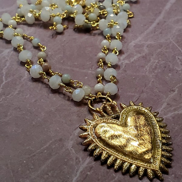 Milagros Necklace, Sacred Heart Necklace, Mexican Milagros Hearts, Flaming Heart Necklace, Corazon, Mexican Style Necklace, Ex Votos, Latina