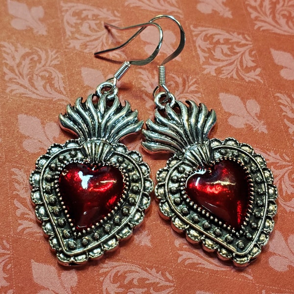 Milagros Earrings, Red Enamel Sacred Heart Earrings, Mexican Milagros Hearts, Flaming Heart Earrings, Corazon, Handpainted, Latina, Romantic