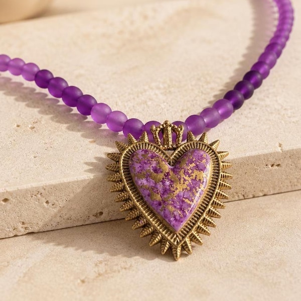 Milagros Necklace, Hand Painted Milagros Sacred Heart Pendant