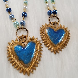 Milagros Necklace, Sacred Heart Necklace, Mexican Milagros Hearts, Flaming Heart Necklace, Corazon, Mexican Style Necklace, Ex Votos, Latina
